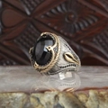 Vintage snake-style ring with black oval gemstone and gold-tone woven patterns - Adjustable Open / Ethnic Black Gemstone Two-Tone