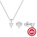 S925 sterling silver heart-shaped necklace and stud earring set with clear zircon stones - 925 Silver / Silver