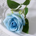 Realistic artificial blue silk rose flower with green leaves for home and wedding decor - 7cm / Blue (Silk Cloth)