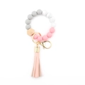 Bracciale portachiavi in silicone e legno con perline grigie e rosa e nappa in pelle - 4 Rosa