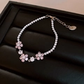 Elegant adjustable silver bracelet with pink and white zircon cherry blossoms on black leather - Silver Pink Floral Style (51#)