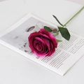 Single artificial velvet rose in deep pink lying on a white magazine background - Large Velvet Rose Purple