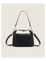Detail of black woven leather shoulder bag with gold hardware and dual strap system - Black