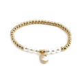 Gold plated beaded bracelet with white pearls and a crescent moon zircon pendant - Pave Crescent Moon in Rectangular Frame