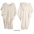 Bohemian off-white hooded knit poncho with tassel fringe and wooden button detail - Off White / 85*190cm