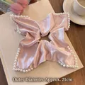 Pink satin hair scrunchie with white pearl trim and elastic band for women - Pink Satin Pearl Edge