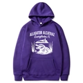 Dark purple hooded sweatshirt featuring Alligator Alcatraz print and front kangaroo pocket - Purple