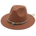 Brown wide brim wool fedora hat with bohemian starfish and seashell woven band accessory - M (56-58cm) / Khaki