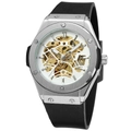Detail view of the silver skeletal mechanical watch with gold gears and black silicone strap - White Skeleton Gold Movement
