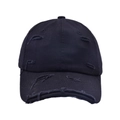 Detailed view of distressed black cotton twill baseball cap with vintage frayed edges - Black