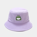 Lavender cotton fisherman bucket hat featuring a cute smiling cartoon frog embroidery - Light Purple / M (56-58cm)
