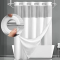 White waffle shower curtain with translucent frosted window and snap-on hooks - White