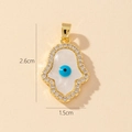 Gold Hamsa Hand pendant with white enamel, blue evil eye and clear zircon accents - Enamel Zirconia Palm Style (13)
