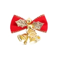 Macro detail of a red velvet Christmas bow featuring golden bells and holly leaf accents - Style 35-Red Velvet Gold Ball Bell
