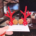 Handmade Christmas deer antler hair clips with plush balls and pine cones on card - 28# Antler Mushroom Pine Cone Pair Clips - Red