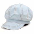 Vintage lichtblauwe denim krantenjongenspet met gerafelde randen en contraststiksels - M (56-58cm) / Lichtblauw