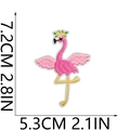 Detail of pink flamingo embroidery patch with floral crown showing dimensions 7.2x5.3cm - Style 9 - Flamingo With Headpiece