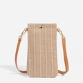 Women's woven straw cell phone bag with brown leather strap and herringbone pattern - Leather Strap Style / Chestnut
