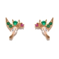 Detailed macro view of hummingbird stud earrings with green and pink micro-inlaid zircons - Hummingbird Stud Earrings / Rose Gold