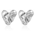 Polished silver stainless steel earrings with irregular wrinkled heart shape design - 1148 Wrinkled Heart / Steel