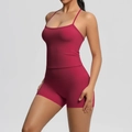 Detail view of burgundy brushed fabric yoga set featuring high-waist shorts and U-neck tank top - Carmine