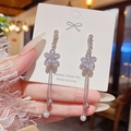 Elegant S925 silver long flower tassel earrings with zircons and pearls for women - Flower Pearl Tassel (E0311)