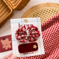 Detail of red fabric floral bow and velvet star hair clips on a handmade card - Red Floral Bow & Pearl Set 2Pcs