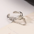 Irregular silver liquid metal bow ring with round gemstone and dangling chain charm - Silver Fluid Gem Chain Ring (G-553)