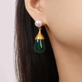 Chic gold-plated teardrop earrings featuring a white pearl and green resin stone - Gold Green Resin