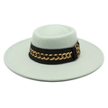 Close-up of mint green wool fedora hat featuring a black ribbon and gold chain detail - 57-59cm / Mint Green