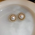 Elegant vintage oval pearl stud earrings featuring a large pearl with gold-plated accents - Round Vintage Pearl Style (Silver Earring Post)