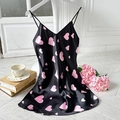 Elegant black silk satin slip dress with pink heart patterns and thin straps - S / Black With Pink Heart