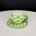 Irregular handmade ceramic coffee cup with green and white checkerboard tulip pattern - Green Checkerboard Cup & Saucer