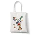 White Christmas canvas tote bag with colorful reindeer illustration and star details - C8 Stylized Reindeer
