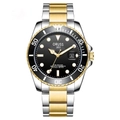Men's diving watch with black sunray dial and two-tone silver gold stainless steel band - Two-Tone Gold Silver-Black Dial