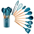 Dark teal 12-piece silicone kitchen utensil set with natural wooden handles in holder - Small Bucket Compact Style / Dark Blue
