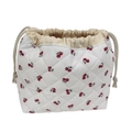 White quilted cosmetic pouch variant with charming cherry print and convenient beige drawstring. - Large Cherry