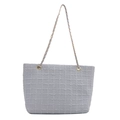 Borsa tote intrecciata grigio chiaro con catena dorata e tracolla in pelle intrecciata - Blu