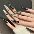 Elegante schwarz-graue Cat-Eye Kunstnägel mit luxuriösen Strasssteinen und Perlen - XS / Langes Stiletto (3215)