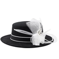Elegante zwarte wollen boater hat met witte kantbloem en mesh veer-accenten - M (56-58cm) / Zwart