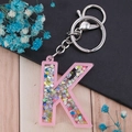 Pink heart glitter filled letter K keychain with silver lobster clasp and key ring - Letter K