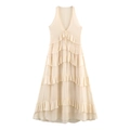 Elegantes cremefarbenes Maxikleid mit tiefem V-Ausschnitt und Rüschenlagen - XS / Gebrochenes Weiß