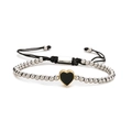 Pulsera ajustable de cuentas plateadas con colgante de corazón negro y cordón tejido - Pulsera con colgante de corazón