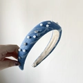 Light blue denim knotted headband decorated with white pearls and shiny rhinestones - FG240811-1 Blue
