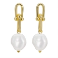 Elegant gold U-shape earrings with natural white baroque pearls in minimalist style - GPE54-14K U-Link Baroque Pearl Earrings / Gold