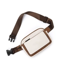 Detail of cream waist bag with brown trim, woven strap and adjustable plastic buckle - White Brown