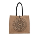 Ethnische Jutesack-Tasche mit schwarzem Mandala-Druck und Seilgriffen in natürlichem Braun - Muster 9 Kleiner Mandala