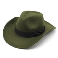 Detail of olive green wool fedora showing wide brim stitching and black ribbon bow - M (56-58cm) / Army Green