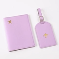 Purple faux leather passport holder and luggage tag set with golden airplane design - Light Purple Airplane
