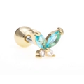 Close-up of golden butterfly stud earring with light blue marquise stones and ball back - Blue/Gold/Small